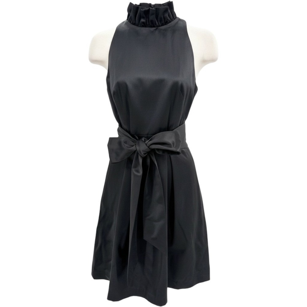 Kate Spade New York Black Silk Blend Ruffle Neck Bow Waist Cocktail Dress 4